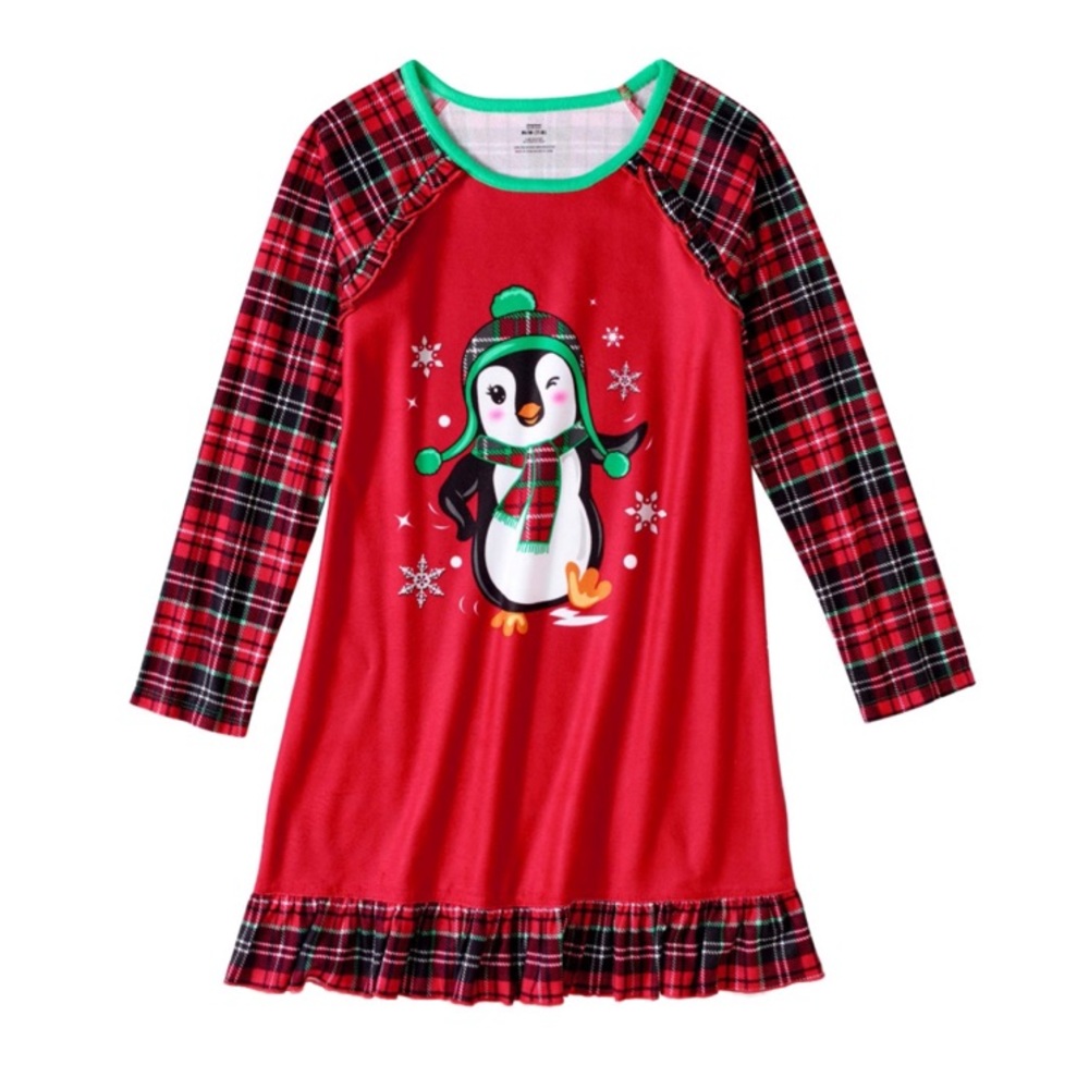 Girl nightgown penguin plaid size M 7/8